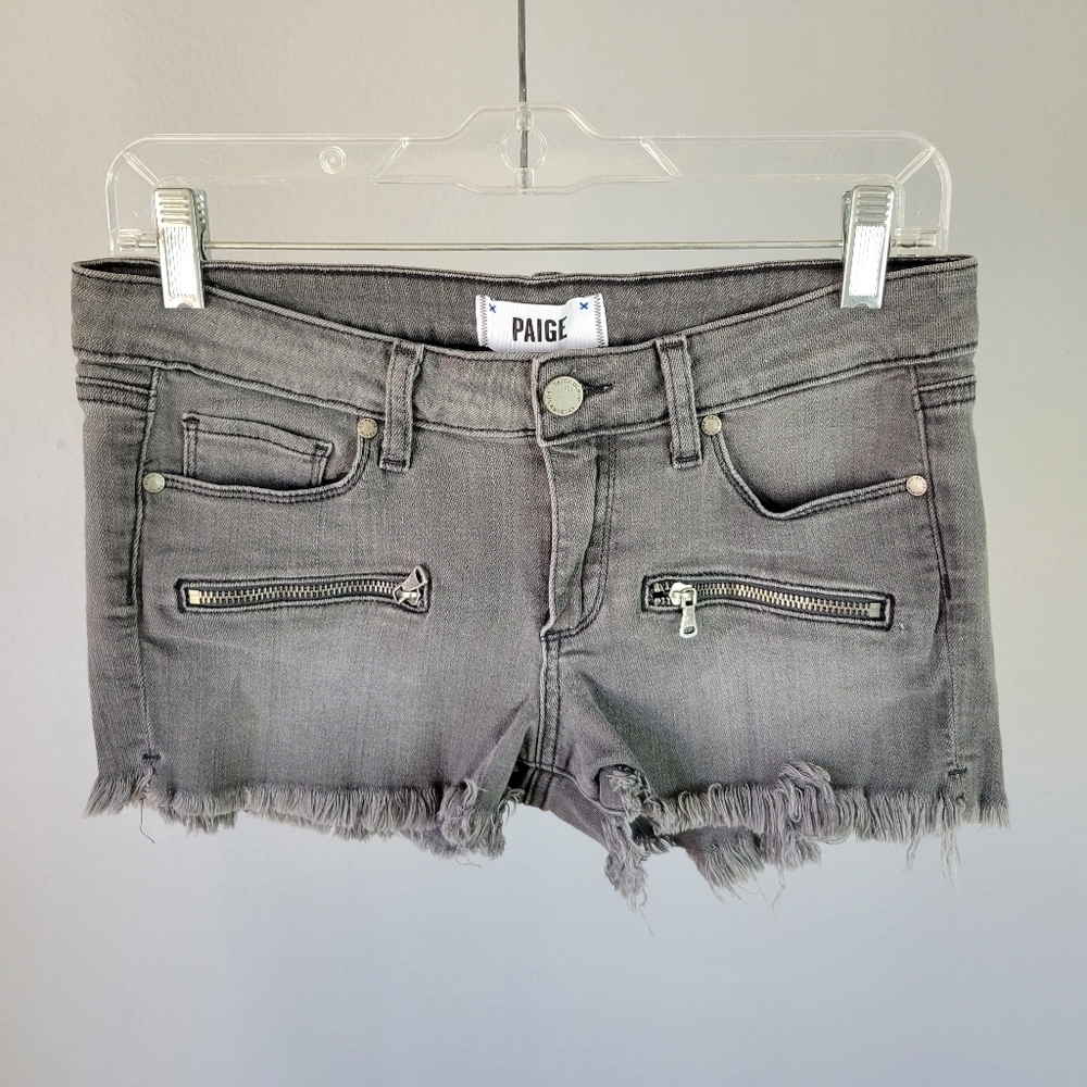 PAIGE // faded black grey cut off raw hem indio zip denim shorts
